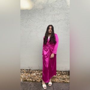 Hot Pink Satin Knot-Front Maxi Dress – Long Sleeve, Draped Silhouette